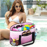Pink Ricdecor extra large waterproof mesh beach tote bag with black handles and three matching pink zipper pouches - view 3