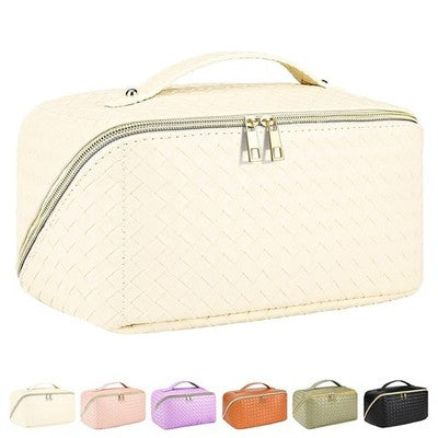 TBOLINE large white checkered PU leather travel makeup bag laid flat open showing interior compartments and pockets