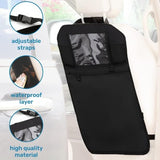 Two black Enovoe 18x24 inch waterproof PVC kick mats with clear tablet holder and zip pocket mounted on car back seats - view 2