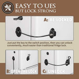 Two black adhesive refrigerator and cabinet locks made of ABS plastic shown on a white refrigerator door - view 7