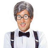 Old man costume wig set with gray synthetic wig, thick-lens glasses, mustache, eyebrows, and wig cap on display