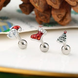 OUFER 3-piece Christmas cartilage stud earrings set featuring Santa hat, shoe, and pine tree designs in surgical steel - view 2