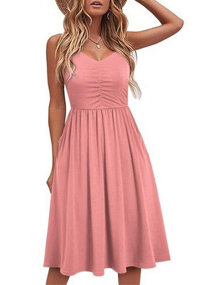 Yathon women's coral sleeveless spaghetti strap A-line sundress with side pockets and gathered V-neck bust, knee length