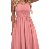 Yathon women's coral sleeveless spaghetti strap A-line sundress with side pockets and gathered V-neck bust, knee length