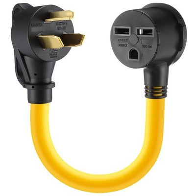 Yellow and black NEMA 10-30P male to 6-30R female dryer adapter with 10AWG copper wiring, 12-inch length