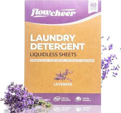 Flowcheer lavender laundry detergent sheets 30 count biodegradable plastic-free packaging on white background