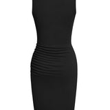 Btfbm black sleeveless ruched bodycon mini dress on model, crew neck, one-side ruched detail, size M - view 7