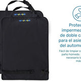 Four black Enovoe waterproof car seat back protector mats 18x24 inches with elastic straps shown installed in vehicle rear seats - view 5