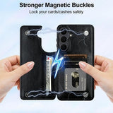 Hiandier black PU leather wallet flip case for Samsung Galaxy S25 FE showing card slots and magnetic closure - view 4