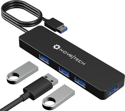 Nov8tech black aluminum 4-port USB 3.0 hub with 2ft cable, four USB-A ports visible on front panel