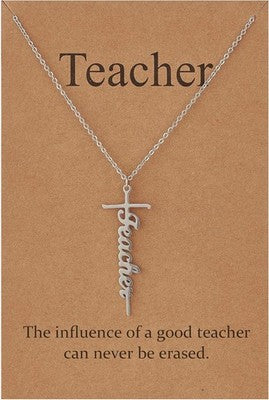 Silver stainless steel cross pendant necklace with Teacher inscription on 18-inch chain with inspirational gift card