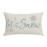 Blue 12x20 lumbar pillow cover with grey snowflake and Let It Snow word art print on cotton linen fabric