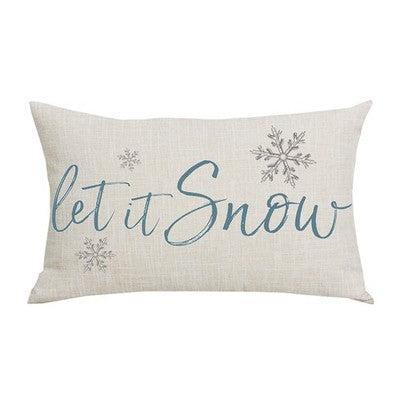 Blue 12x20 lumbar pillow cover with grey snowflake and Let It Snow word art print on cotton linen fabric