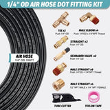 Boeray 100ft 1/4 inch black nylon air hose coiled beside 22 brass push-connect fittings, tube cutter, and Teflon tape - view 2