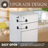Two black adhesive refrigerator and cabinet locks made of ABS plastic shown on a white refrigerator door - view 4
