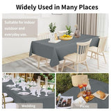 Dark grey rectangular faux linen tablecloth 60x120 inches with pleated corners draped over a dining table, waterproof stain resistant - view 2
