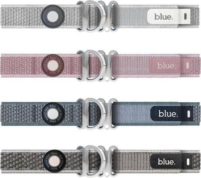 CloudTag NFC smart dog collar in Heron Blue, size small, made from space-grade aluminum with hook and loop closure
