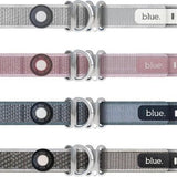 CloudTag NFC smart dog collar in Heron Blue, size small, made from space-grade aluminum with hook and loop closure