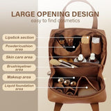 Small brown faux leather makeup bag with top handle and zipper closure, compact travel cosmetic toiletry pouch - view 2