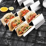 Four stainless steel taco holder racks arranged together, each holding three taco shells upright, 304 steel silver finish - view 7