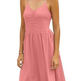 Yathon women's coral sleeveless spaghetti strap A-line sundress with side pockets and gathered V-neck bust, knee length - view 5