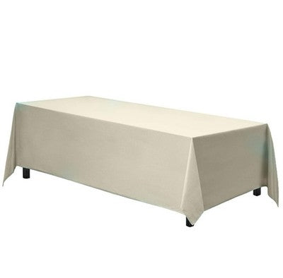 Ivory rectangle polyester tablecloth 90x156 inches draped floor length over an 8-foot banquet table
