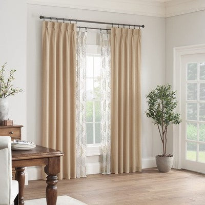 Waverly Serendipity linen pinch pleat light filtering window curtain panel 25x95 inches hanging on rod