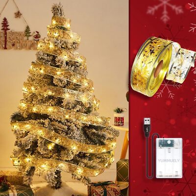 Yummuely 33ft gold foil Christmas ribbon fairy lights with 100 warm white LEDs wrapped around a holiday tree