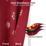Two red blackout curtain panels with gold foil snowflake print hung on a rod, 52x84 inches, FRAMICS Christmas curtains - view 3