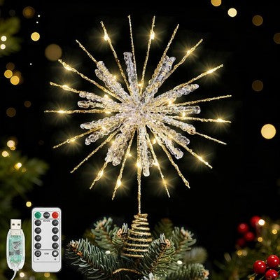 Lewondr 12-inch gold glitter snowflake Christmas tree topper with 30 warm LED lights and remote control