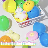 36 colorful Easter mochi squishy toys shaped like bunnies chicks and eggs displayed with 36 plastic surprise eggs multicolor - view 2