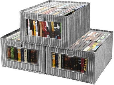 Three grey linen foldable fabric storage bins with clear window, 15.74 inches long, standing upright on a shelf