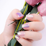 MNSL short coffin mermaid press on nails set with multicolor glitter pearl finish displayed on hand - view 2
