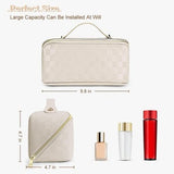 TBOLINE large white checkered PU leather makeup bag open flat showing interior compartments and dividers travel toiletry case - view 4