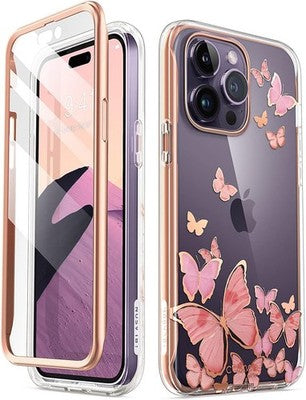 i-Blason clear glitter butterfly iPhone 14 Pro case with rose gold frame and built-in screen protector, full 360 coverage