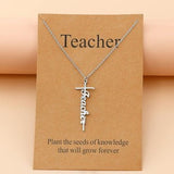 Silver stainless steel cross pendant necklace with Teacher inscription on 18-inch chain with inspirational gift card - view 5