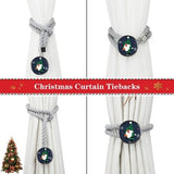 Two gray cotton rope curtain tiebacks with handmade Santa Claus patterns tied around sheer curtain panels - view 3