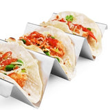 Four stainless steel taco holder racks arranged together, each holding three taco shells upright, 304 steel silver finish - view 3