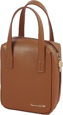 Small brown faux leather makeup bag with top handle and zipper closure, compact travel cosmetic toiletry pouch