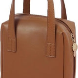 Small brown faux leather makeup bag with top handle and zipper closure, compact travel cosmetic toiletry pouch