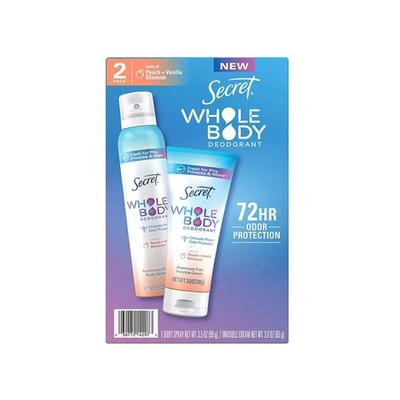 Secret Whole Body Deodorant 2-pack sticks in Peach and Vanilla Blossom scents, aluminum-free formula