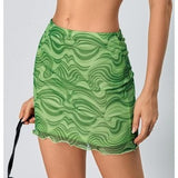 Verdusa women's green wavy geometric print mesh maxi pencil skirt with high waist elastic back, size medium - view 4