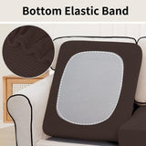 Set of two chocolate brown stretch fabric loveseat cushion covers with elasticized bottom, laid flat showing fitted shape - view 4