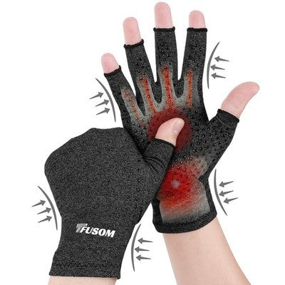 Dim grey fingerless arthritis compression gloves with anti-slip dot grip pattern on palm, shown on hand for pain relief