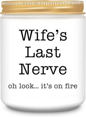 Homsolver cream glass jar candle with 'Wife's Last Nerve' text and bow, lavender scented soy wax candle