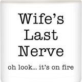 Homsolver cream glass jar candle with 'Wife's Last Nerve' text and bow, lavender scented soy wax candle