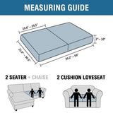 Two grey jacquard stretch sofa seat cushion covers laid flat showing textured twill pattern and elastic loops underneath - view 3