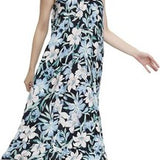 Women wearing a blue floral boho maxi dress with V-neck, adjustable spaghetti straps and side pockets - view 3