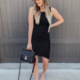Btfbm black sleeveless ruched bodycon mini dress on model, crew neck, one-side ruched detail, size M - view 4