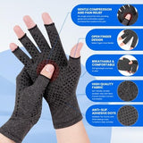 Dim grey fingerless arthritis compression gloves with anti-slip dot grip pattern on palm, shown on hand for pain relief - view 3